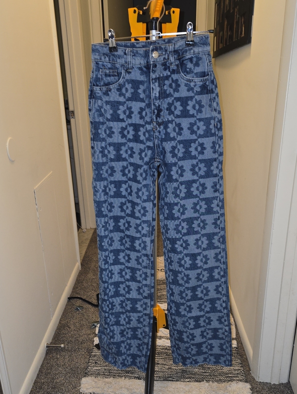 High-Rise Blue Floral-Check Wide Leg Jeans
